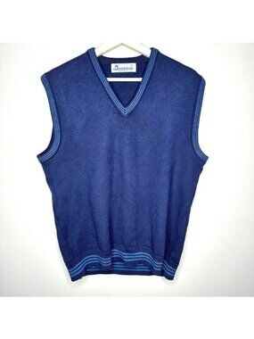 Vintage Bonanza Mens 42 Lambswool Sweater Vest Blue V Neck 80s Knit Classic Golf